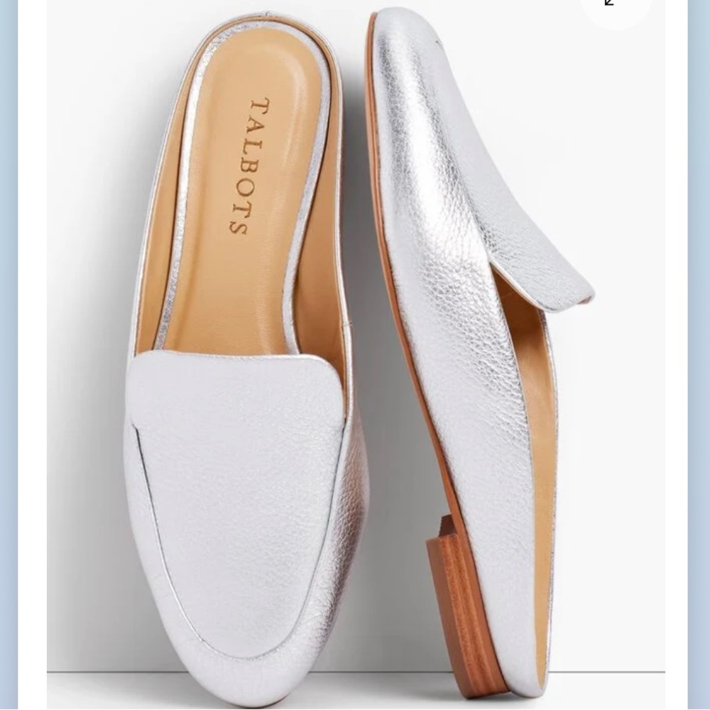 New Sz 9 Talbots Frannie Silver Metallic Leather Mules Flats